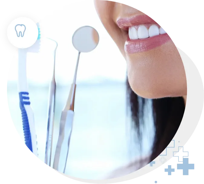 A woman holding her teeth with three tooth brushes in front of it.